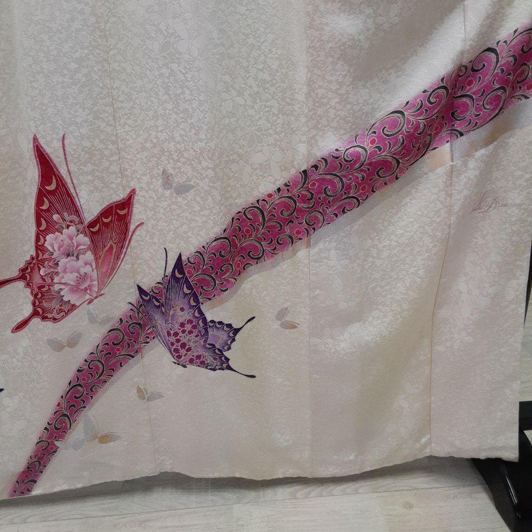 820正絹振袖 白 蝶模様160cm~