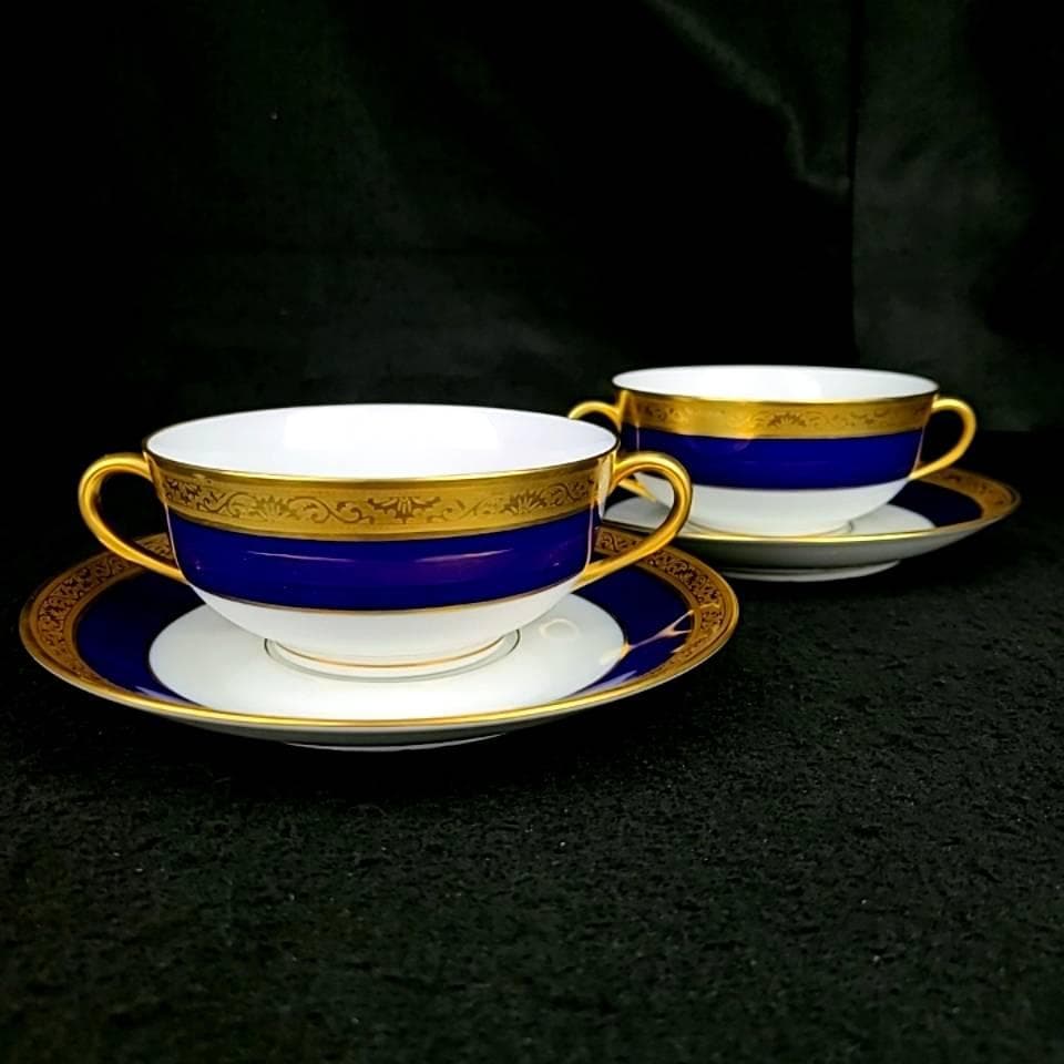 ♪美品♪レイノー　リモージュ　金彩　コバルトブルー　スープカップ&ソーサー　2客