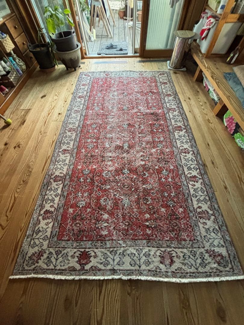 ヴィンテージトルコラグ　大判/ディープレッドとブルーグレー　ビンテージ　一点物