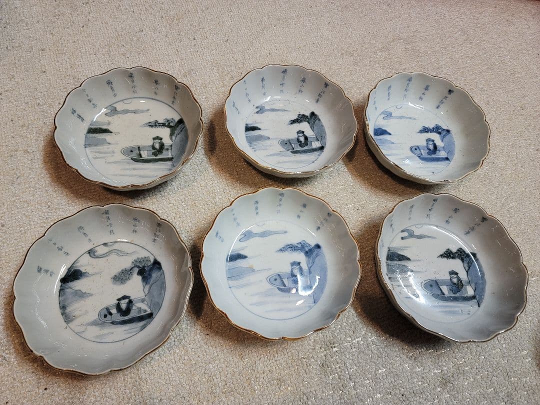 珍品陶工落書き有り 染付古伊万里輪花在銘　赤壁？唐人物文大振りなます　6客