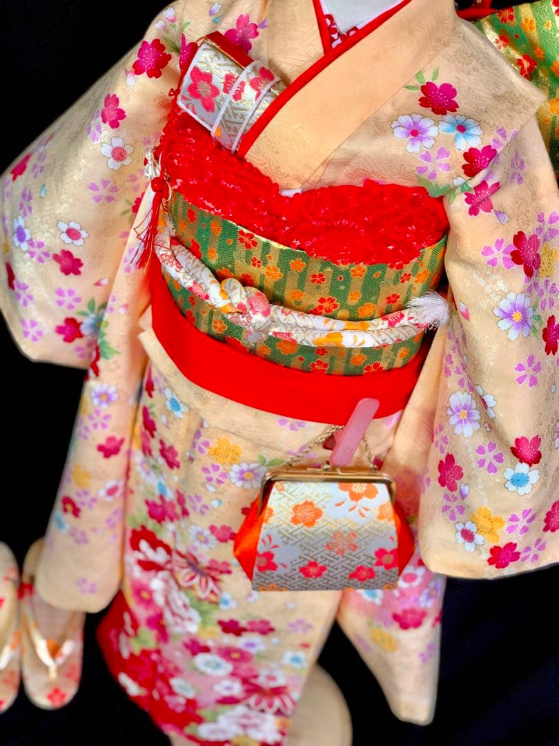 【正絹】 七五三　7歳　絵羽　桜　刺繍　着物　四つ身　作り帯　セット　女の子