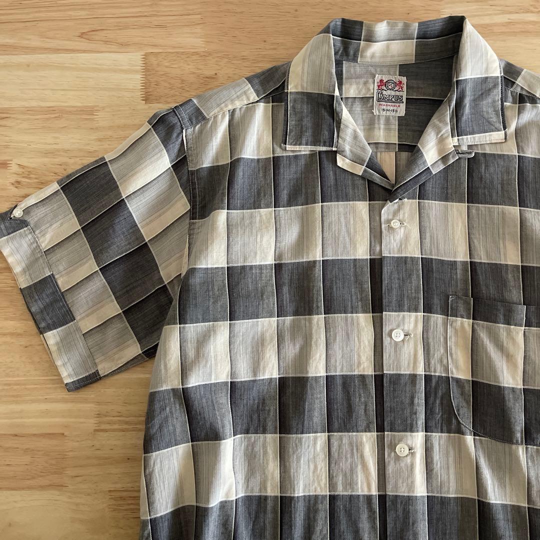 希少50's 60's campus オープンカラーシャツ　コットン　白黒　M