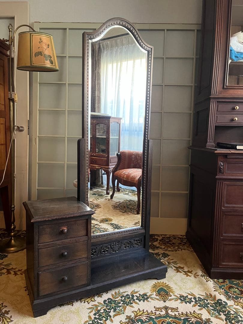 希少 大正 全身鏡 姿見 木彫り 彫刻 年代物 昭和レトロ アンティーク当時物