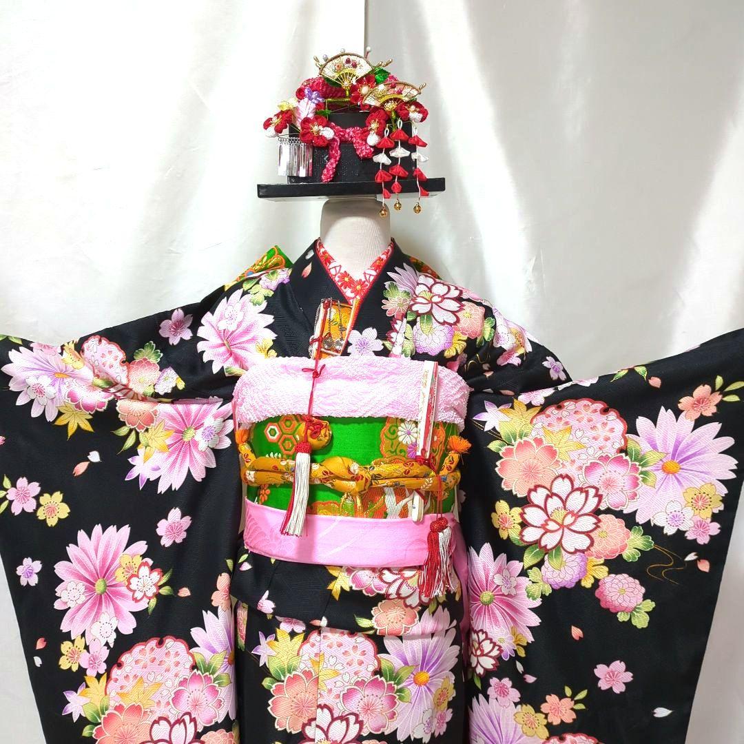 七五三　７歳 黒とピンクの花柄着物セット　簪セット付き