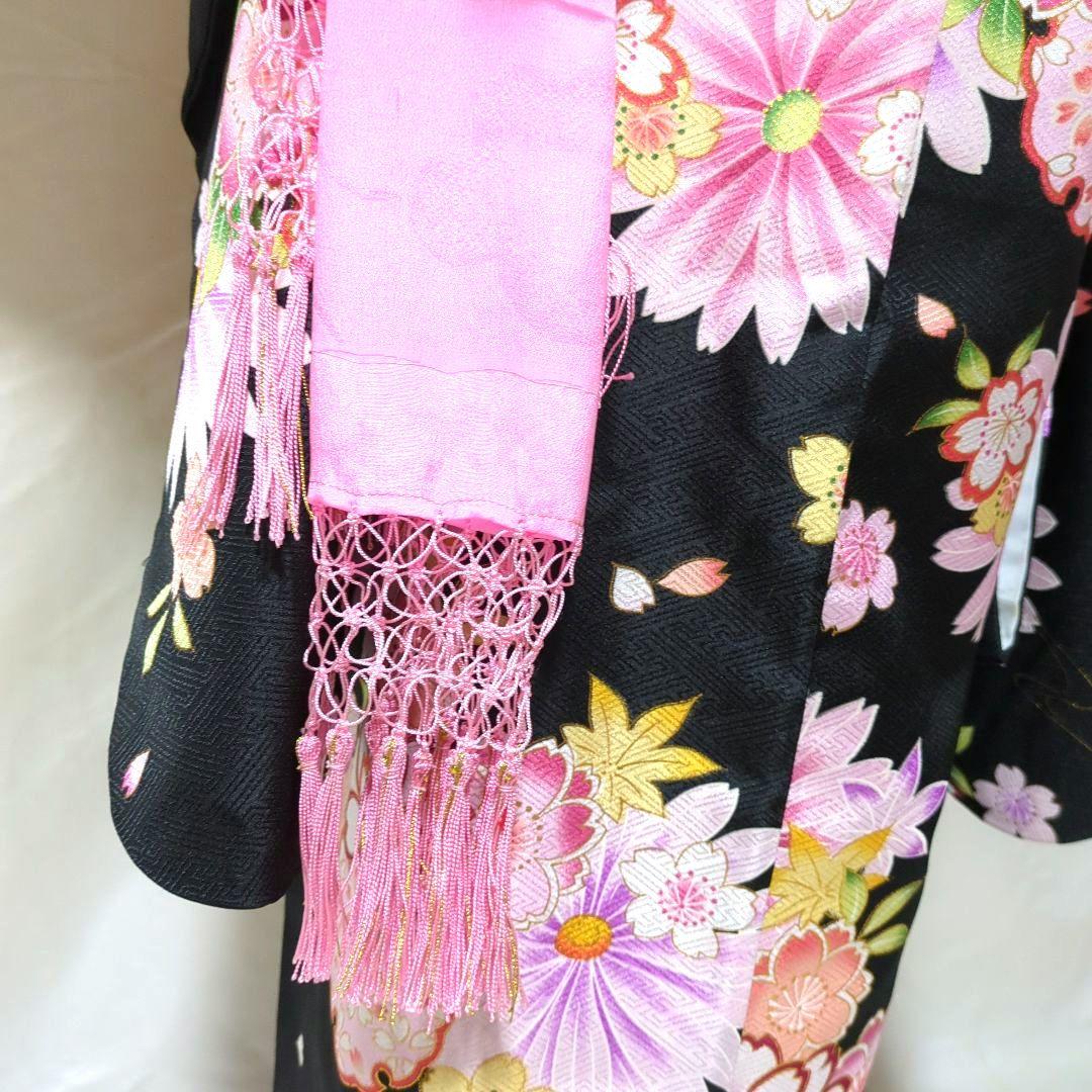 七五三　７歳 黒とピンクの花柄着物セット　簪セット付き