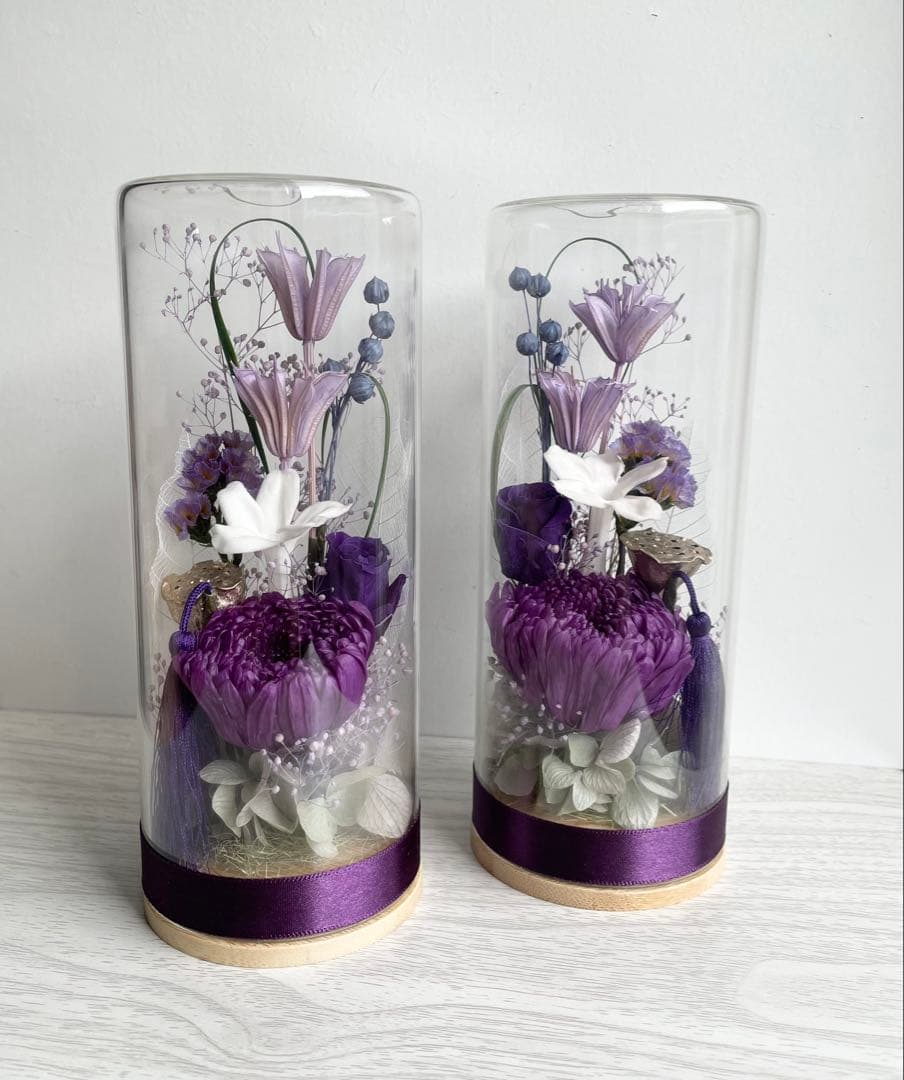 プリザーブドフラワー ＊ガラスケース対 輪菊 蓮&タッセル ＊ 仏花 お彼岸