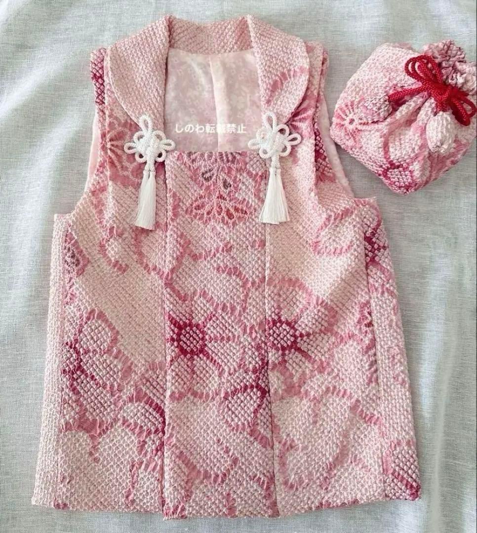 正絹総絞り　お被布　巾着セット　くすみピンク×パープル　菊模様　3歳七五三