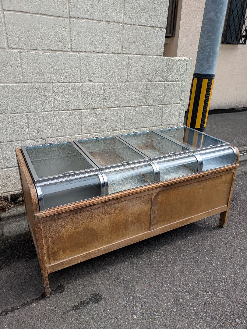 昭和レトロ 陳列台 展示ケース ショーケース ブリキ 木製台付き 駄菓子屋