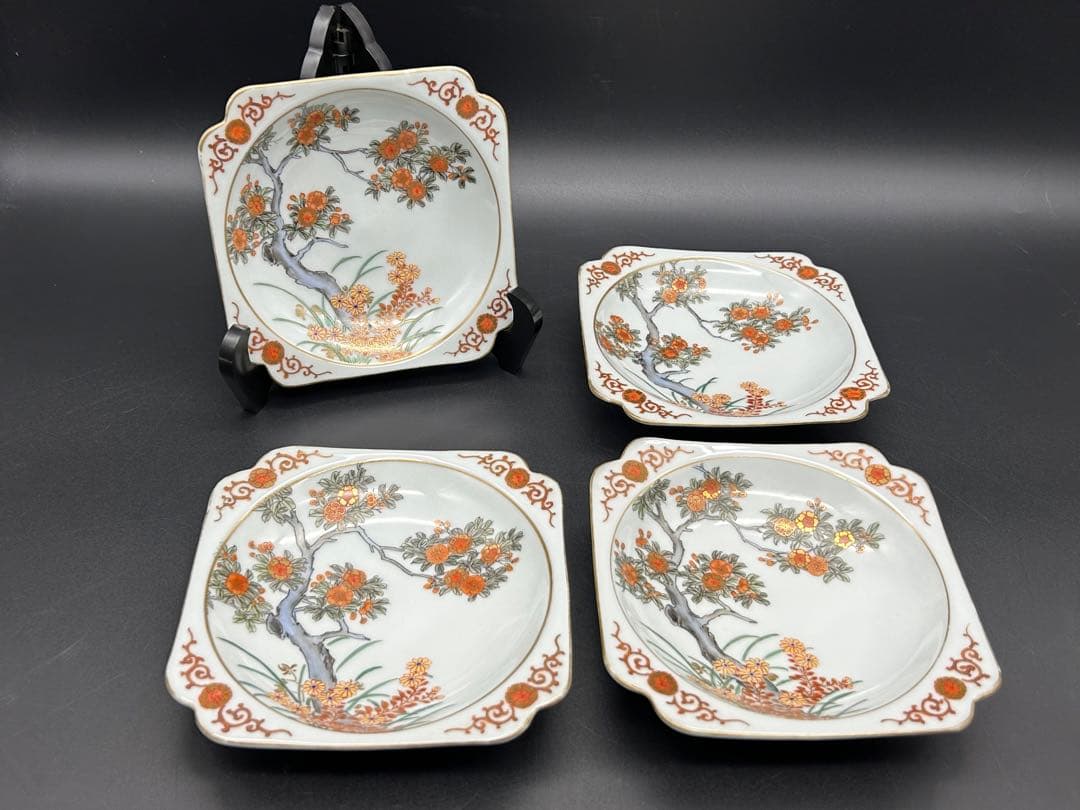 陶器　九谷焼　福栄堂製　金彩花風景　小皿　4枚 アンティーク　骨董　希少品