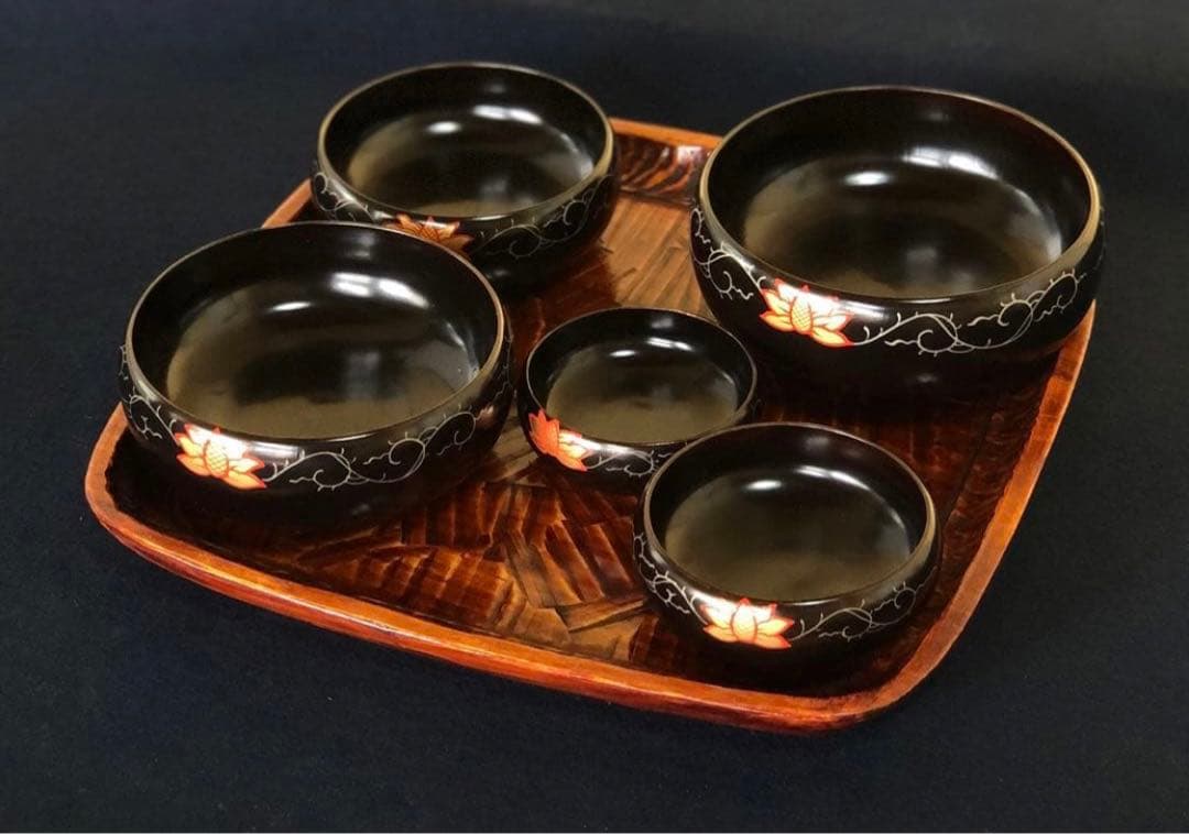 《R》輪島塗 会席五ツ揃小鉢5客 蒔絵付 木製漆器　251007あ7