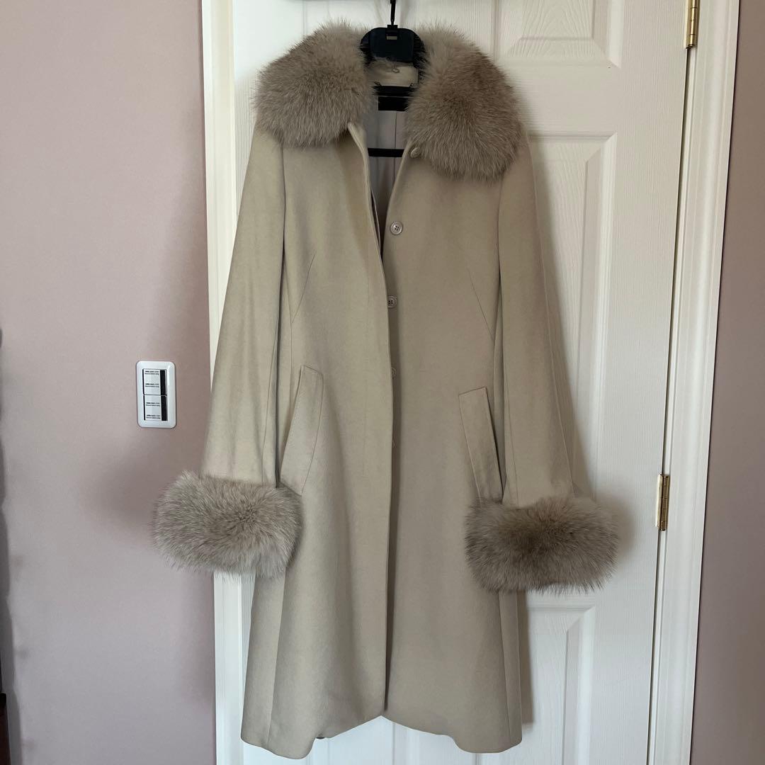 カシミア100% iCBファー付きベージュロングコート