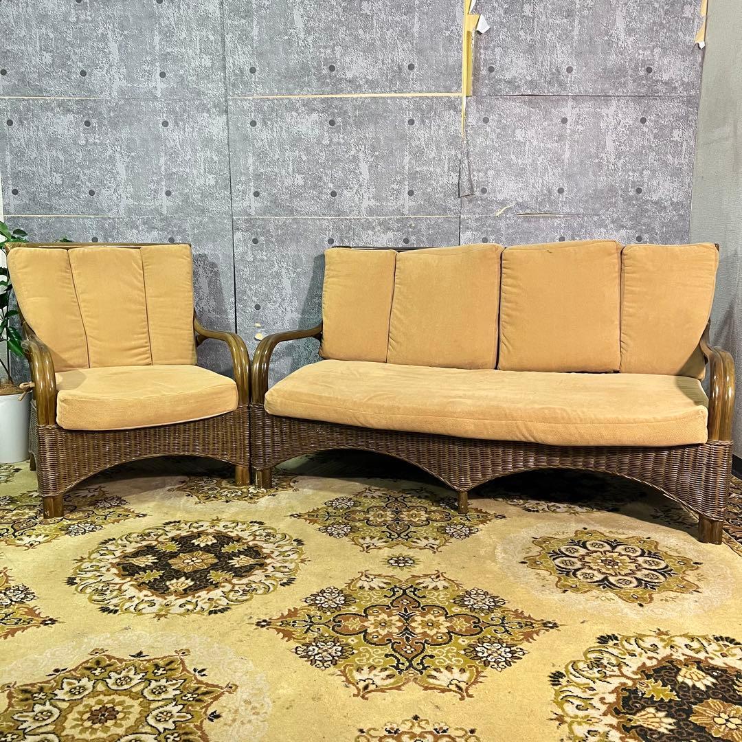 ꧁籐家具꧂ラタン 1人掛けアームソファ&3人掛けソファセット 籐素材 昭和レトロ