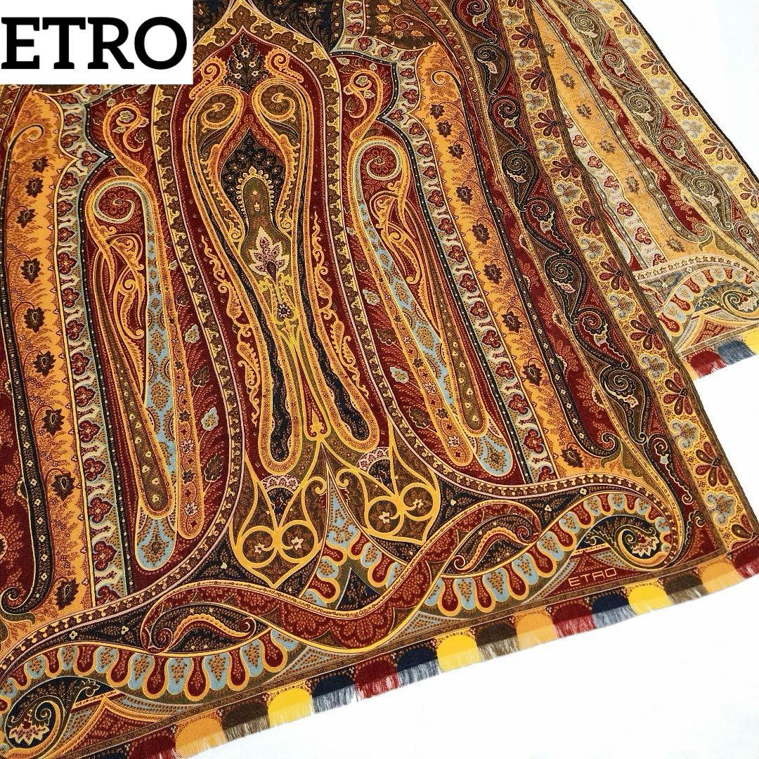 美品★ETRO★ ストール ペイズリー柄 ウール混 レッド ブラウン ブラック.